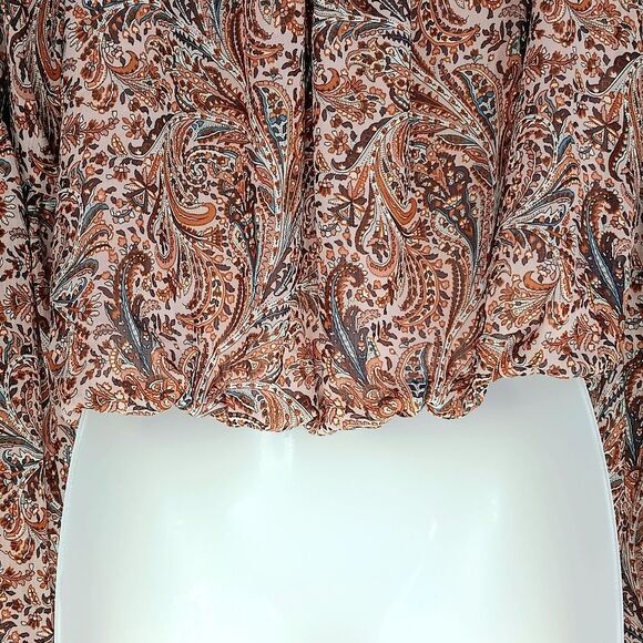 RACHEL ZOE Women’s Neutral Paisley Sheer Blouse Medium Boho Balloon Cropped - Picture 7 of 11